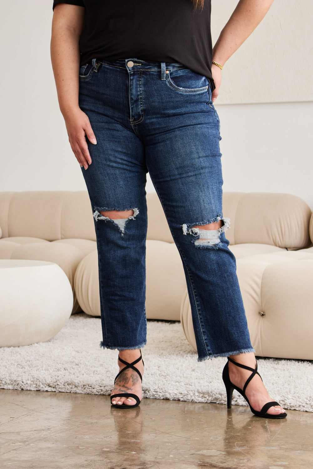 RFM Crop Dylan High Waisted Distressed Jeans for Women with Tummy Control & Raw Hem
