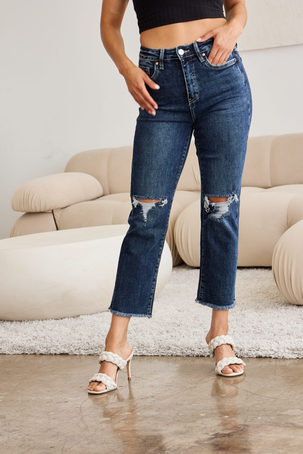RFM Crop Dylan High Waisted Distressed Jeans for Women with Tummy Control & Raw Hem
