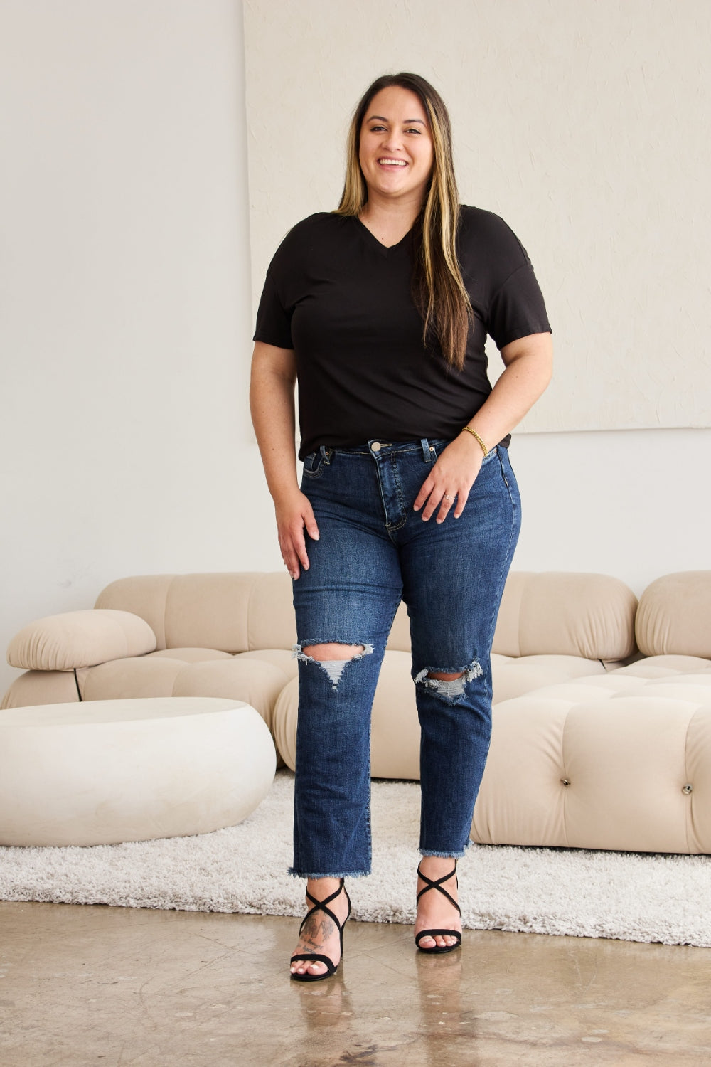 RFM Crop Dylan High Waisted Distressed Jeans for Women with Tummy Control & Raw Hem