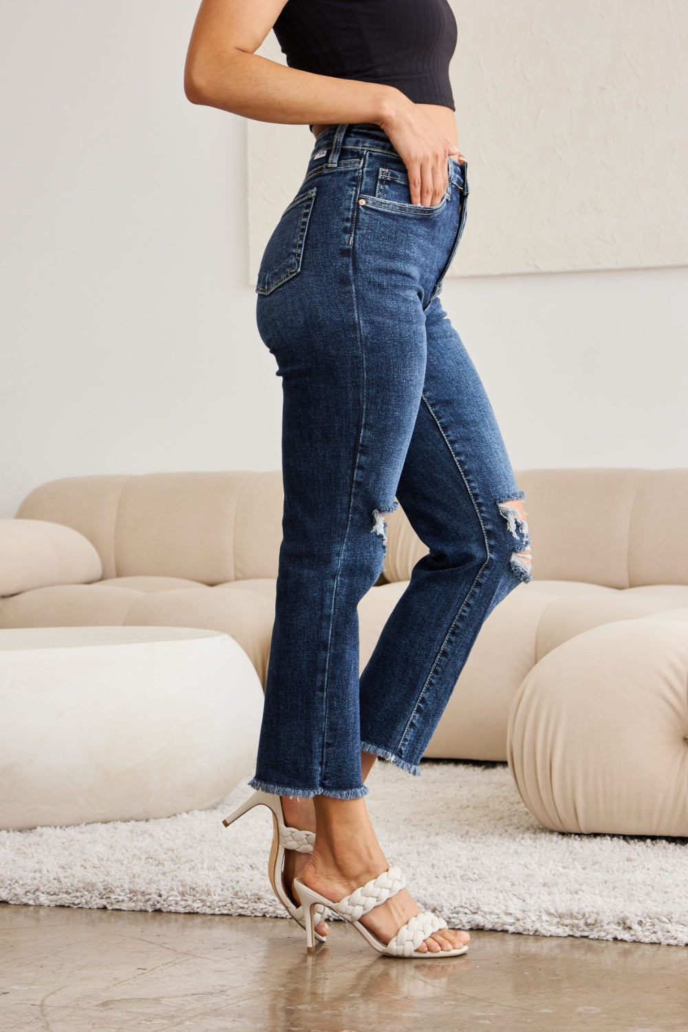 RFM Crop Dylan High Waisted Distressed Jeans for Women with Tummy Control & Raw Hem