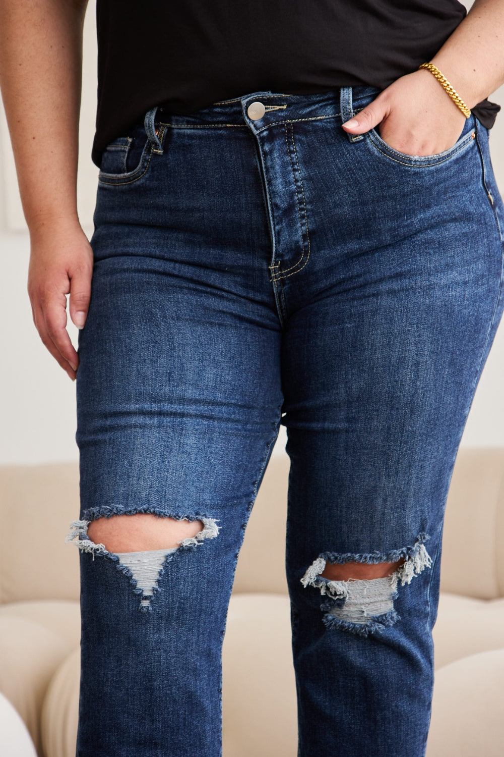 RFM Crop Dylan High Waisted Distressed Jeans for Women with Tummy Control & Raw Hem
