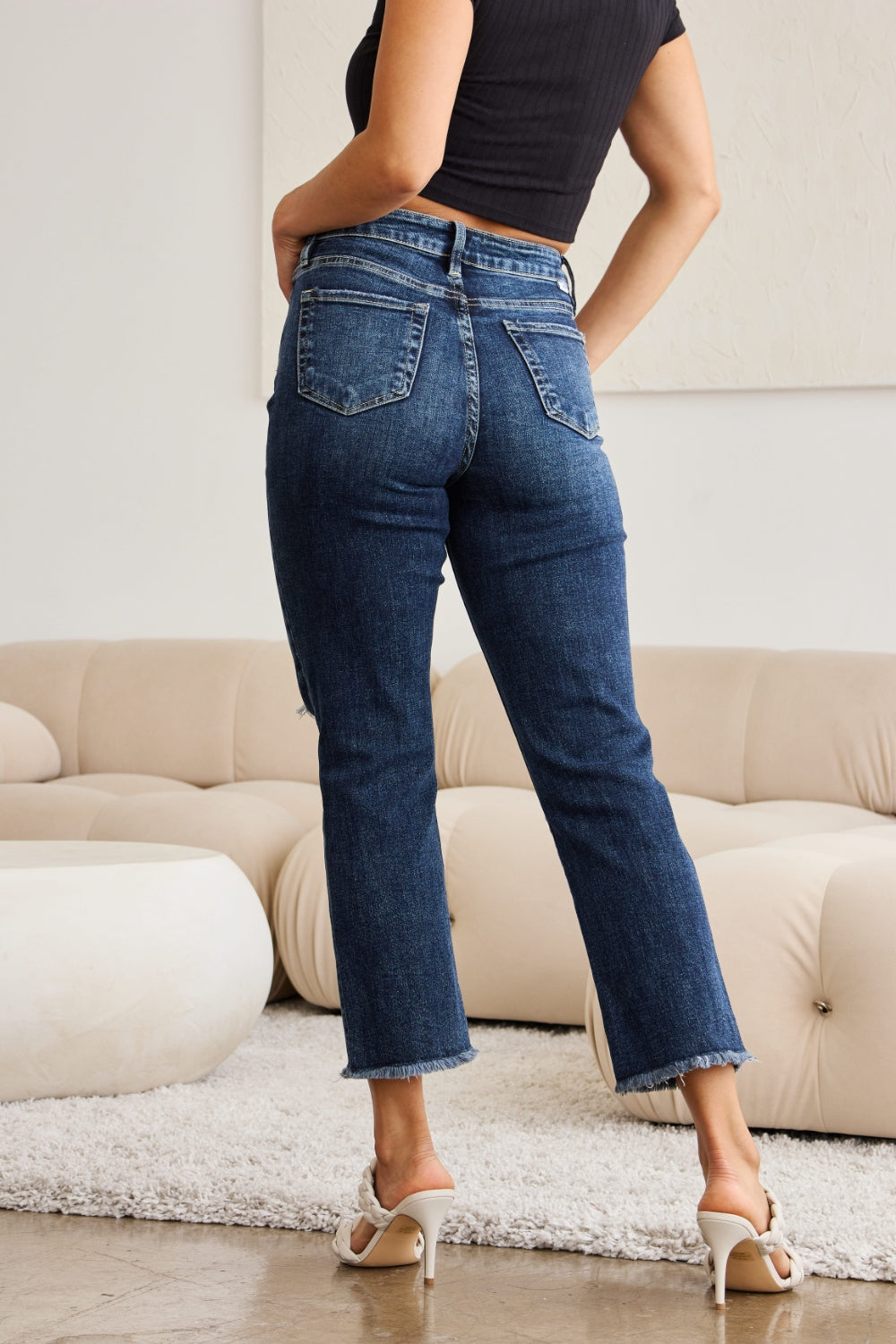 RFM Crop Dylan High Waisted Distressed Jeans for Women with Tummy Control & Raw Hem