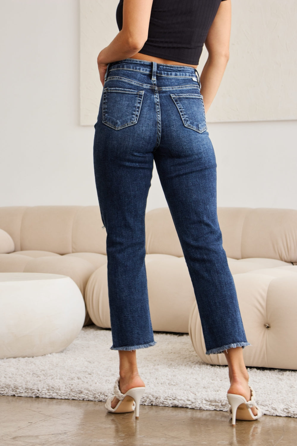 RFM Crop Dylan High Waisted Distressed Jeans for Women with Tummy Control & Raw Hem