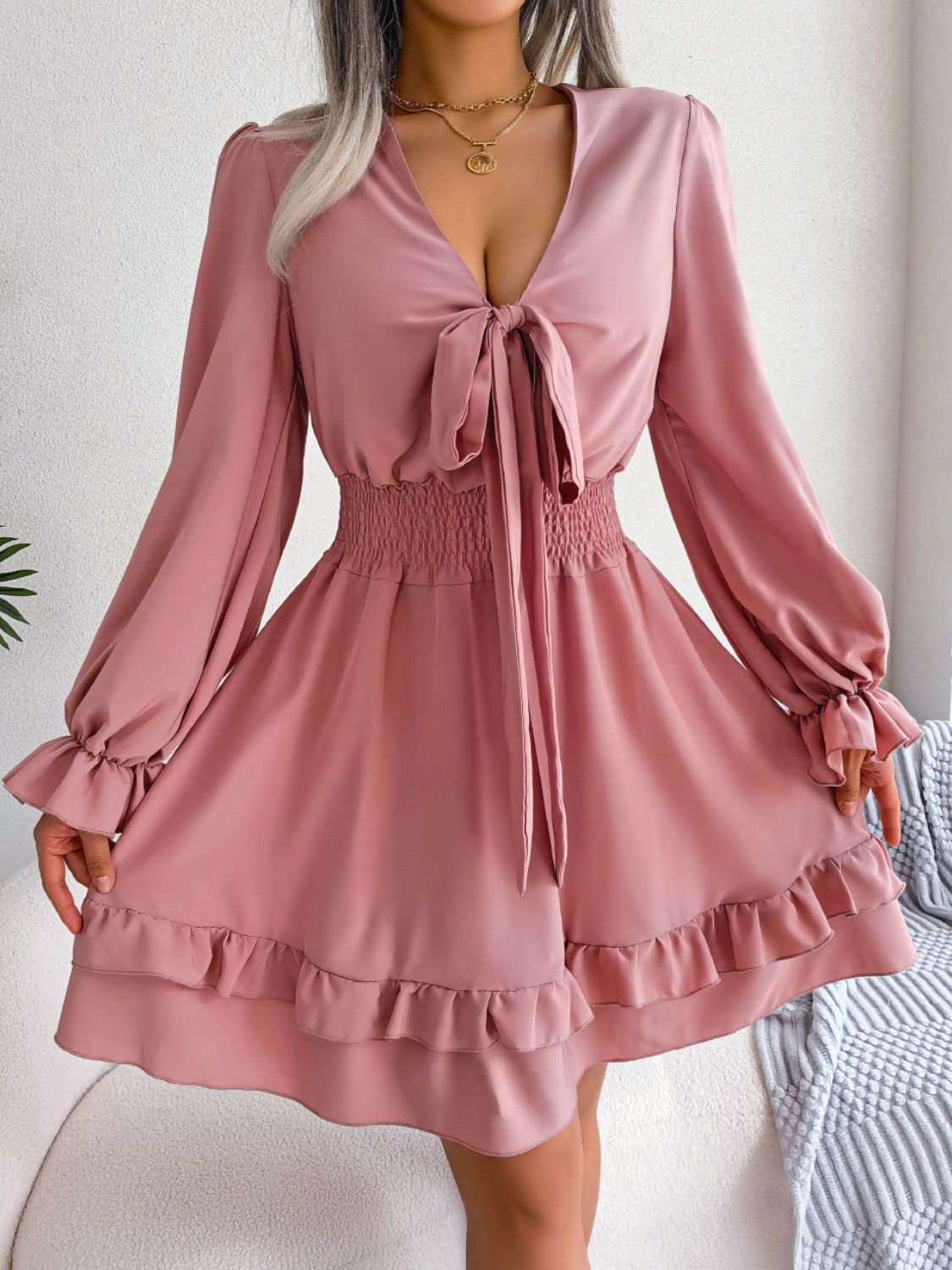 Waist Flounce Sleeve Dress
