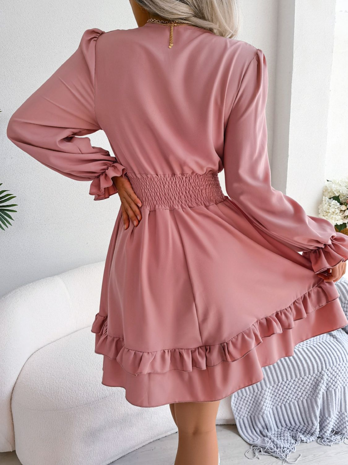 Smocked Waist Flounce Sleeve Dress