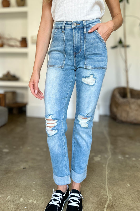 Judy Blue Distressed Jeans Women – Full Size Straight Jeans with Patch Pockets