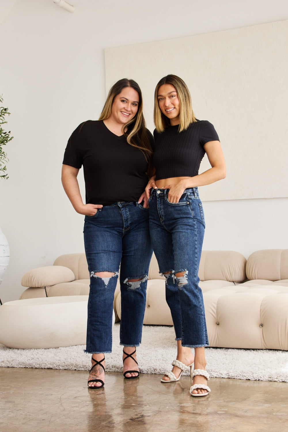 High Waisted Distressed Jeans for Women with Tummy Control & Raw Hem