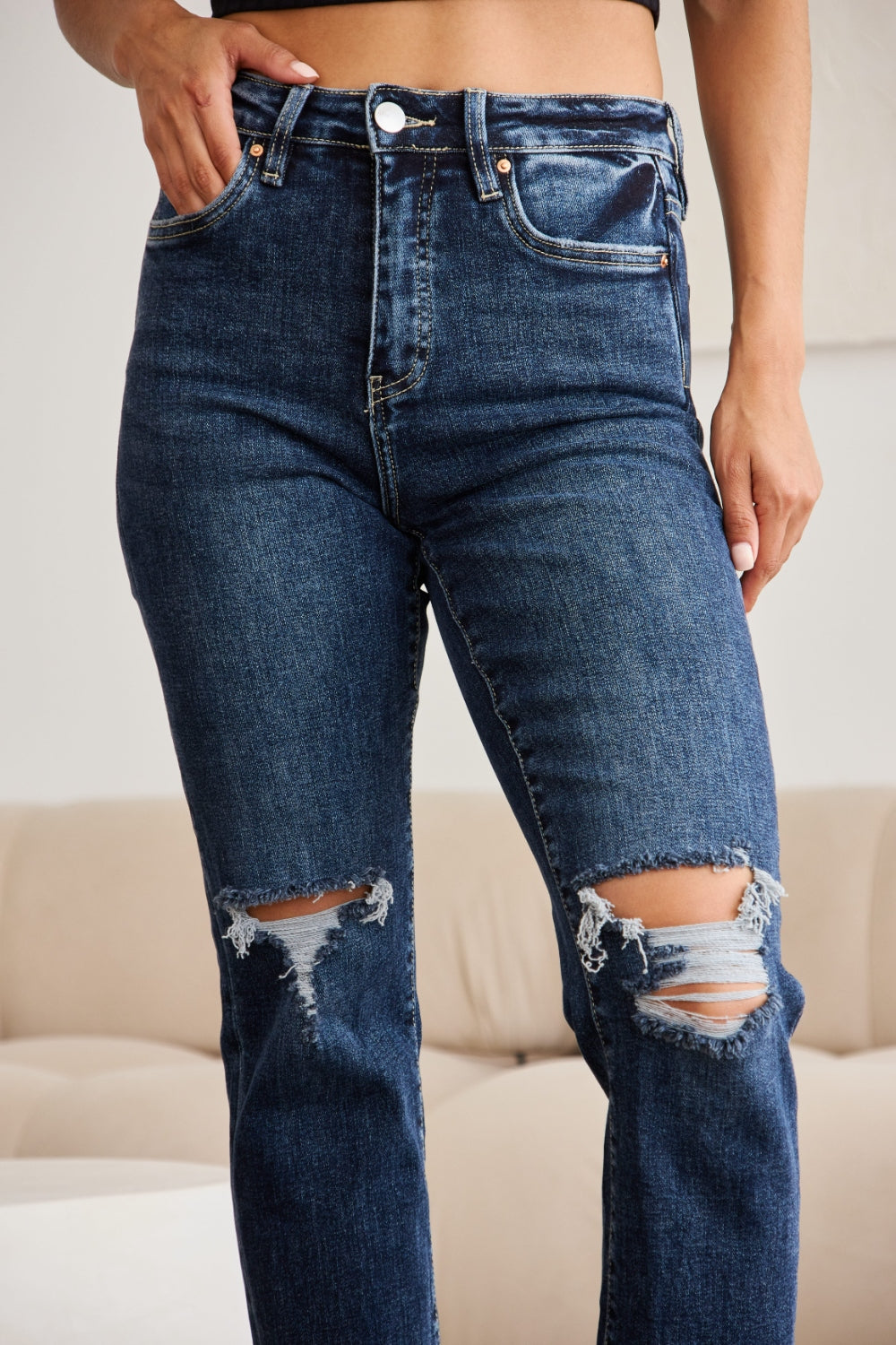 RFM Crop Dylan High Waisted Distressed Jeans for Women with Tummy Control & Raw Hem