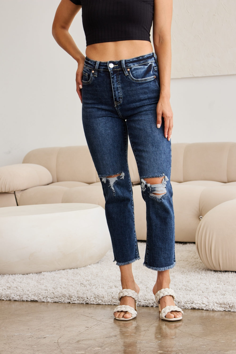 RFM Crop Dylan High Waisted Distressed Jeans for Women with Tummy Control & Raw Hem