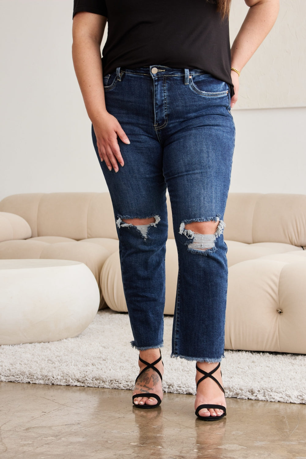 RFM Crop Dylan High Waisted Distressed Jeans for Women with Tummy Control & Raw Hem