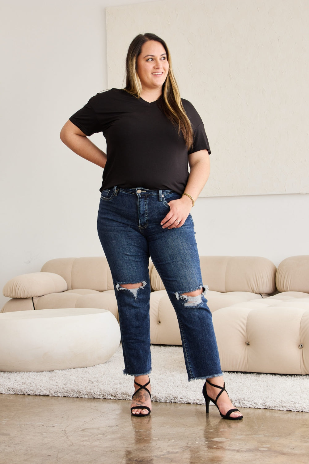 RFM Crop Dylan High Waisted Distressed Jeans for Women with Tummy Control & Raw Hem