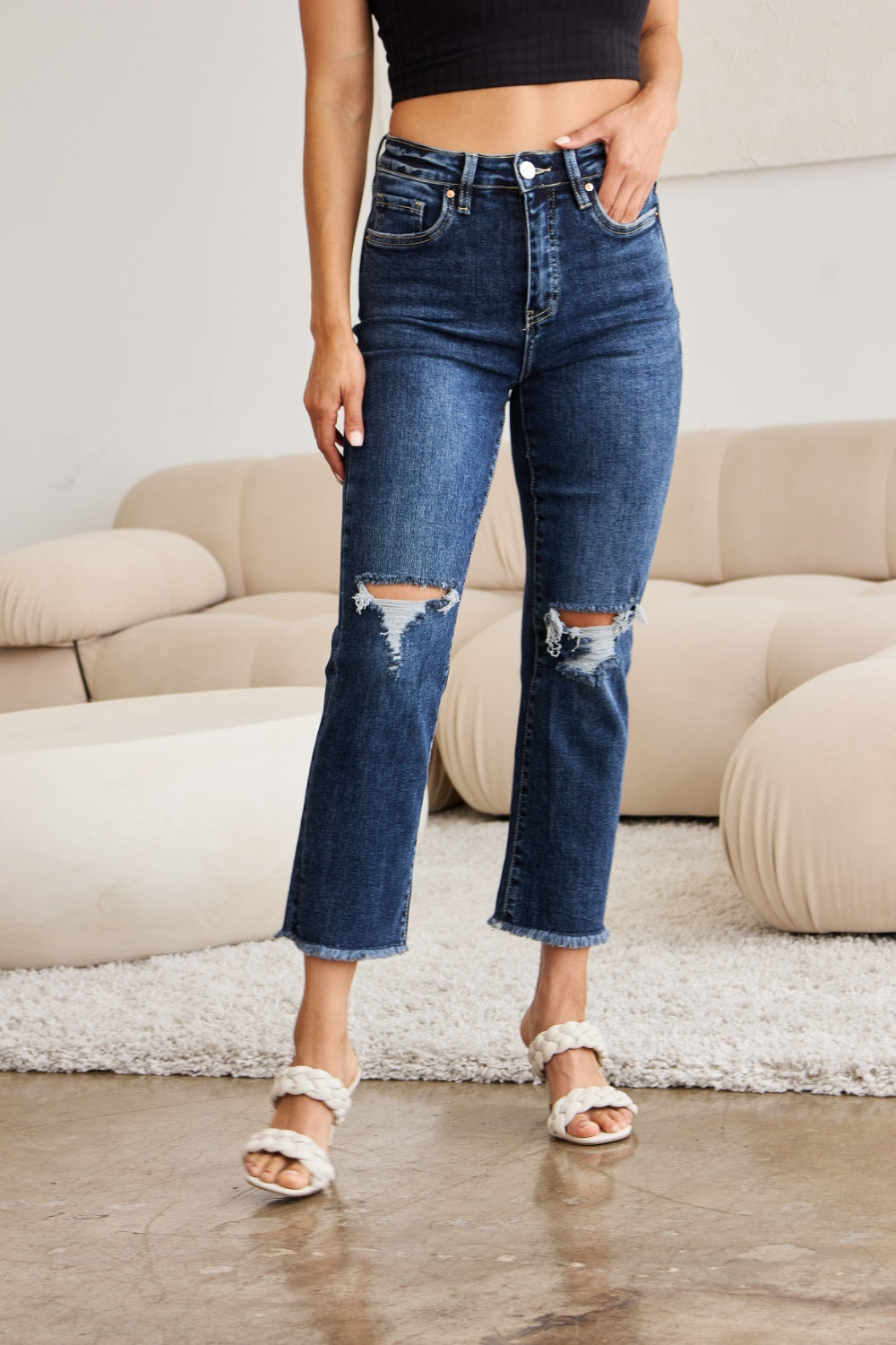 RFM Crop Dylan High Waisted Distressed Jeans for Women with Tummy Control & Raw Hem