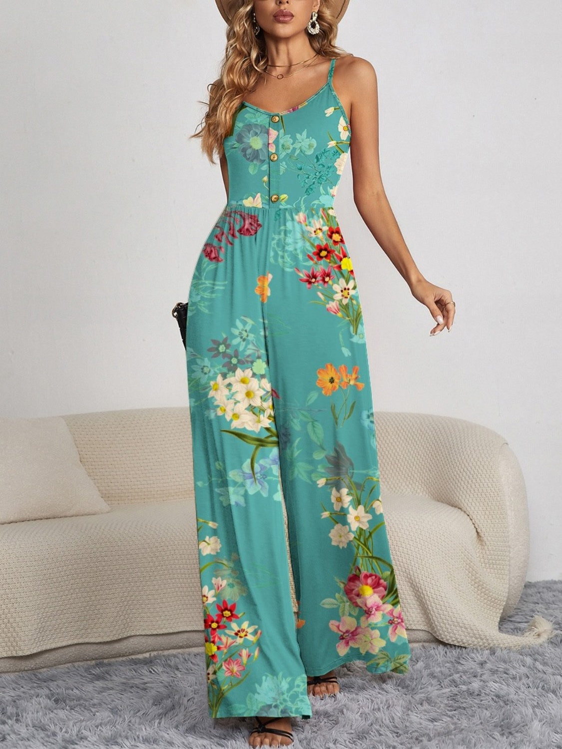 Decorative Button Spaghetti Strap Wide Leg Jumpsuit