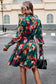 Printed Tie Waist Mock Neck Lantern Sleeve Dress