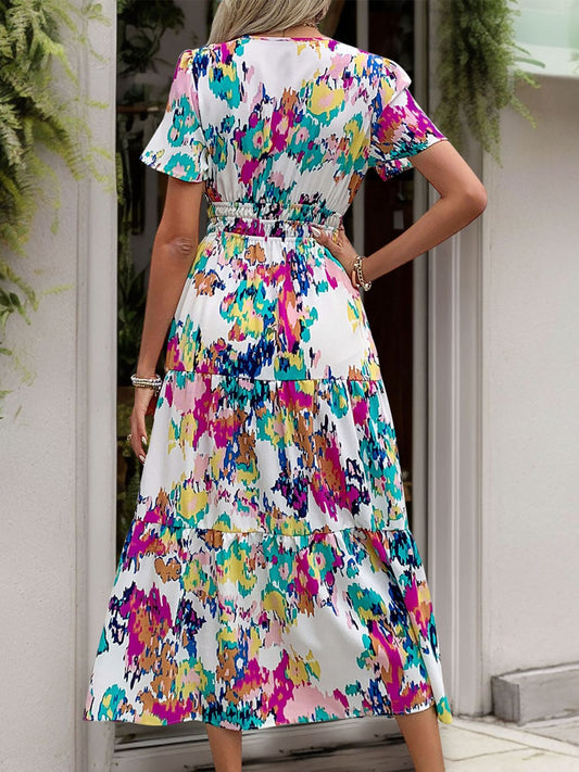 Printed Notched Short Sleeve Midi Dress