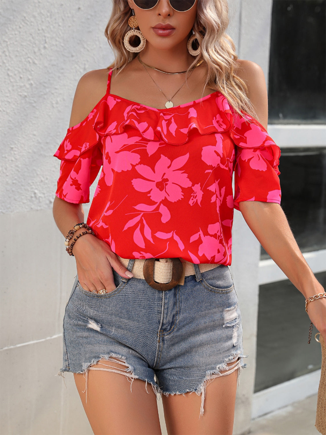 Ruffled Printed Short Sleeve Blouse