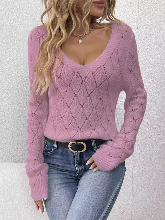 Openwork Long Sleeve V Neck Sweater