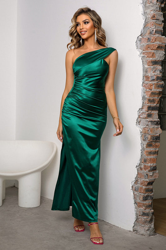 Ruched Slit Maxi Dress with One Shoulder