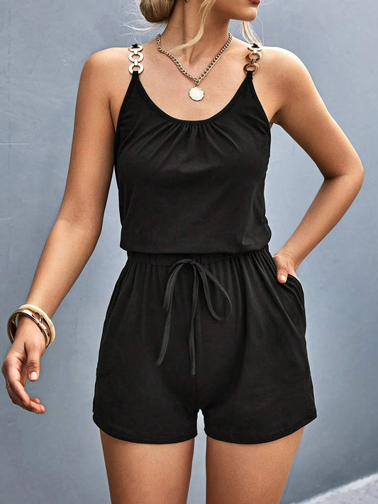 Pocketed Buckle Trim Scoop Neck Romper