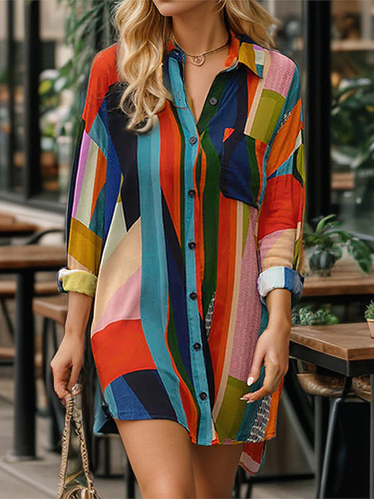 Color Block Button Up Dropped Shoulder Shirt