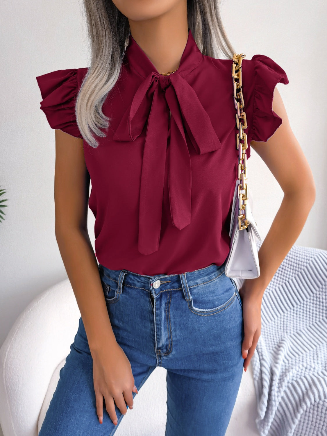 Tie  Neck Cap Sleeve Blouse