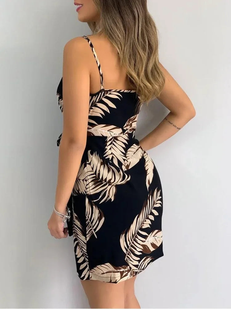 Tropical Print V-Neck Wrap Summer Dress