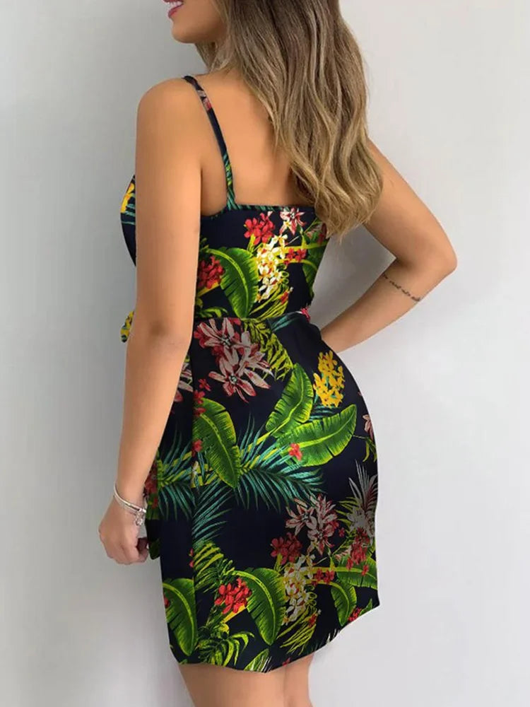 Tropical Print V-Neck Wrap Summer Dress