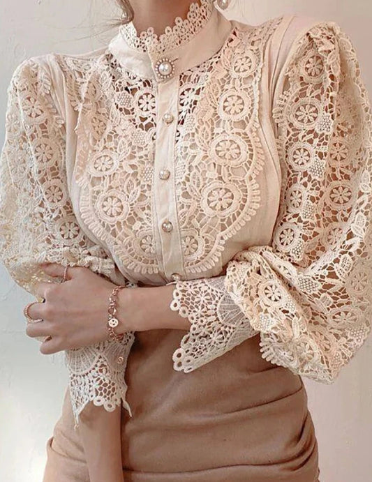 Elegant Lace Fluffy Lantern Sleeve Top