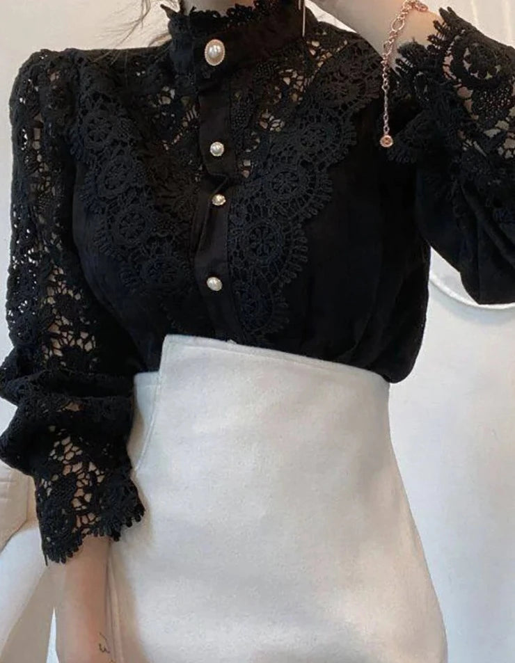 Elegant Lace Fluffy Lantern Sleeve Top