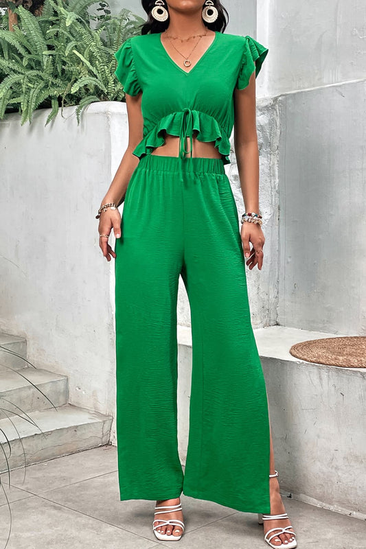 V-Neck Ruffle Hem Top and Slit Pants Set