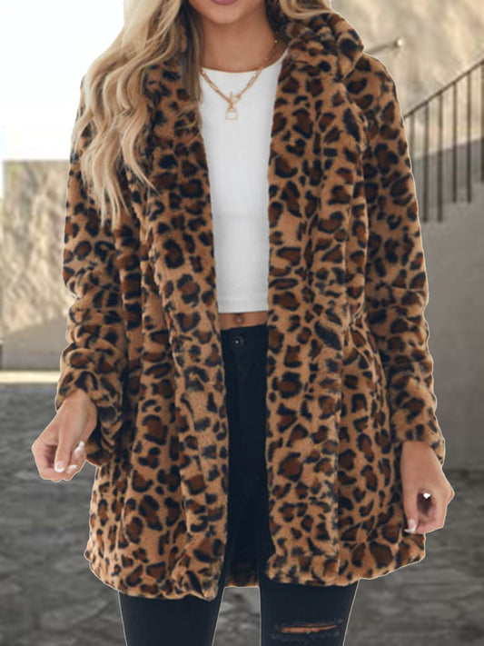 Leopard Print Coat with Collared Neck & Pockets