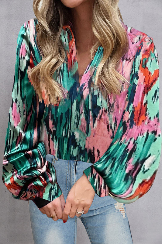 Printed V Neck Long Sleeve Blouse