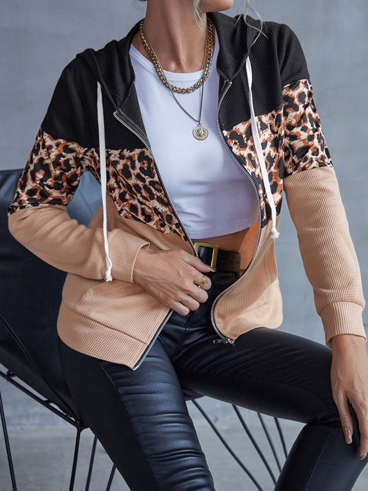 Drawstring Leopard Zip Up Hooded Jacket Women