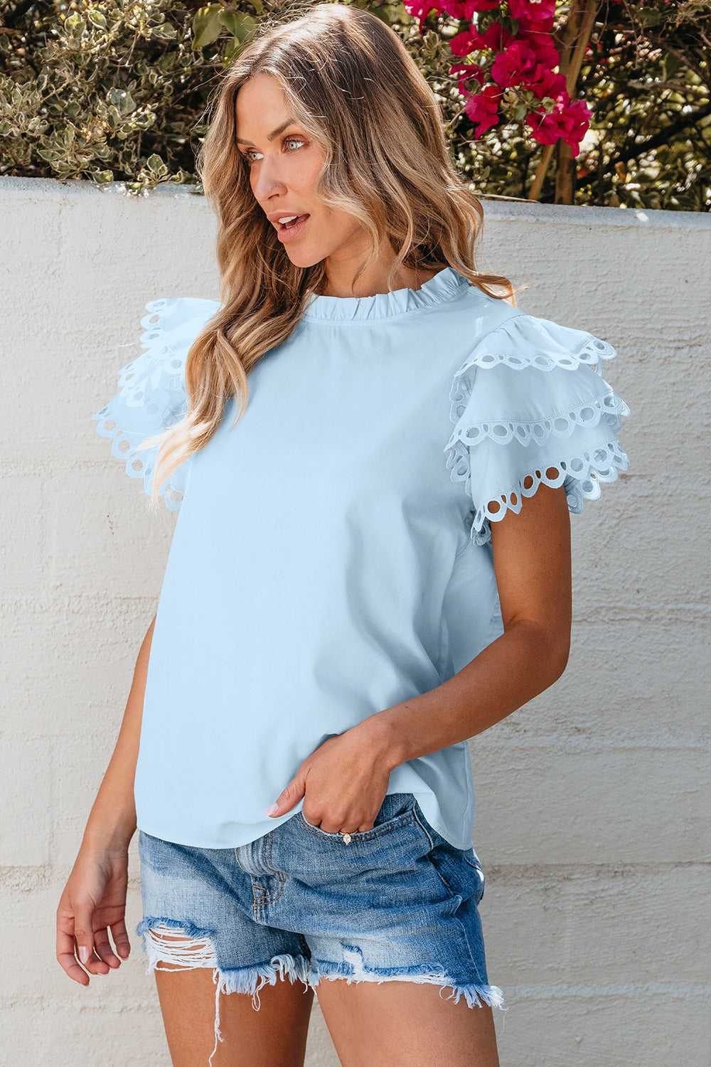 Ruffled Eyelet Round Neck Cap Sleeve Blouse