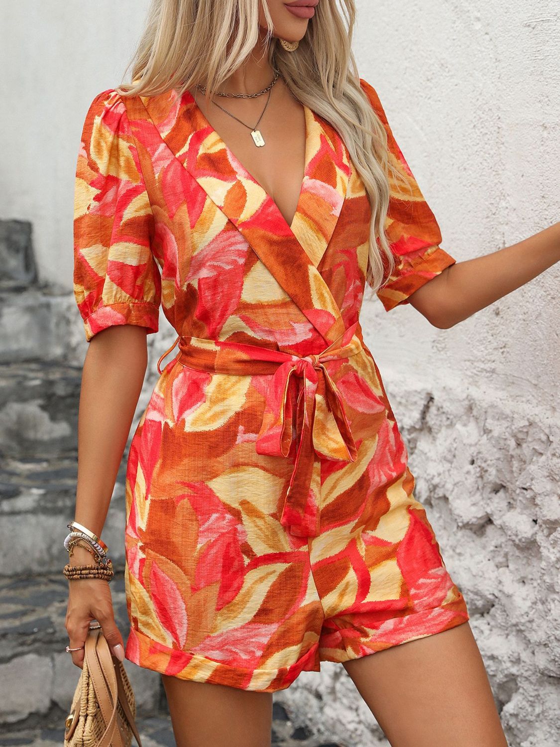 Printed Surplice Half Sleeve Romper